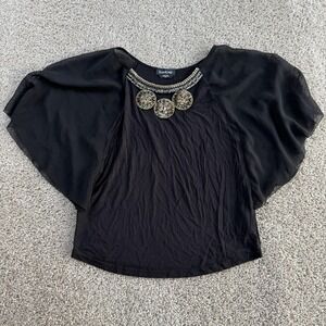 Bebe Kimono Blouse Womens Medium Black Embellished Rhinestone Sheer Party Top